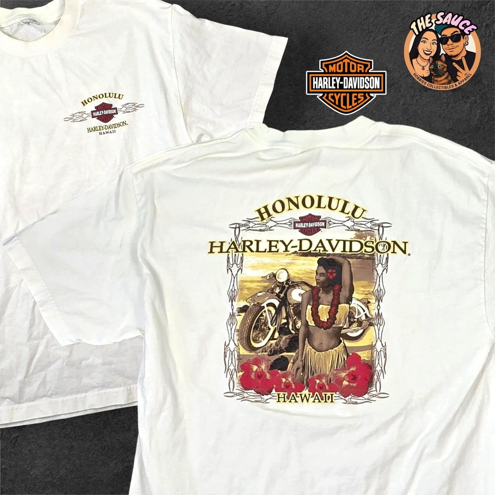 Harley Davidson T Shirt Womens Medium White Honolulu Hawaii Hula Girl Graphic